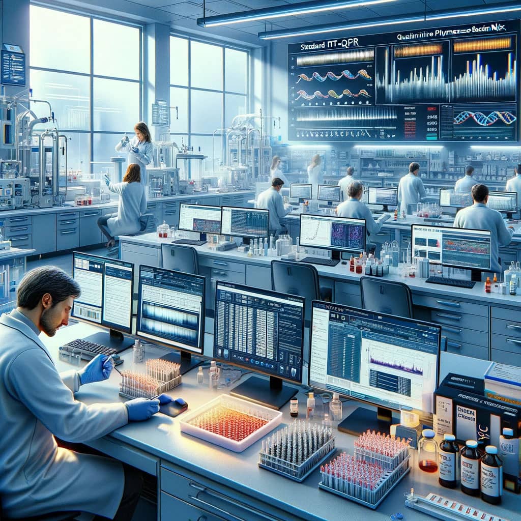 scientific laboratory scene depicting a team of researchers working on RT-qPCR